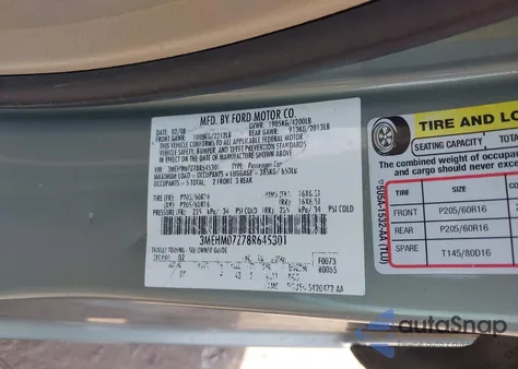 2008 Mercury Milan I4 z USA, uszkodzony, nr VIN 3MEHM07Z78R645301